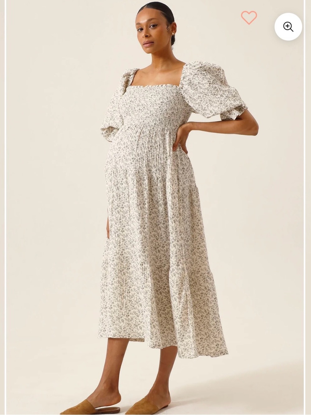 Smocked Square-Neck Midi Dress in Cream Floral